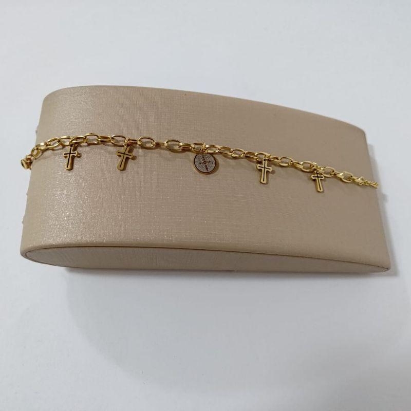 Pulseira - Cruz, São Bento - Aço Dourado