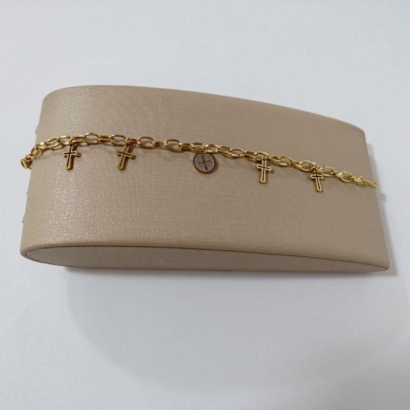 Pulseira - Cruz, São Bento - Aço Dourado